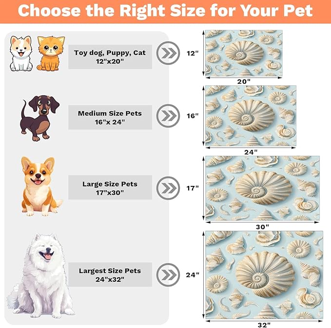 Seashell Dog Food Mat for Floors Absorbent Dog Bowl Mat for Food and Water Dispenser Quick Dry Cat Food Placemat Pet Supplies 16" x 24", Nautical Coastal