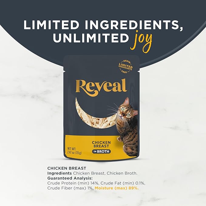 Reveal Natural Wet Cat Food, Limited and Natural Ingredients, Grain Free, High Protein with No Artificial Additives, Chicken Breast in Broth (12 x 2.47 oz Pouches)