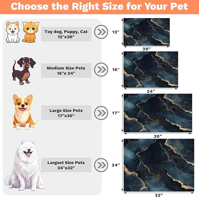 Black Marble Dog Food Mat for Floors Absorbent, Quick Dry Water Dispenser Mat for Food, Water, Pet Supplies 17" x 30", Marble
