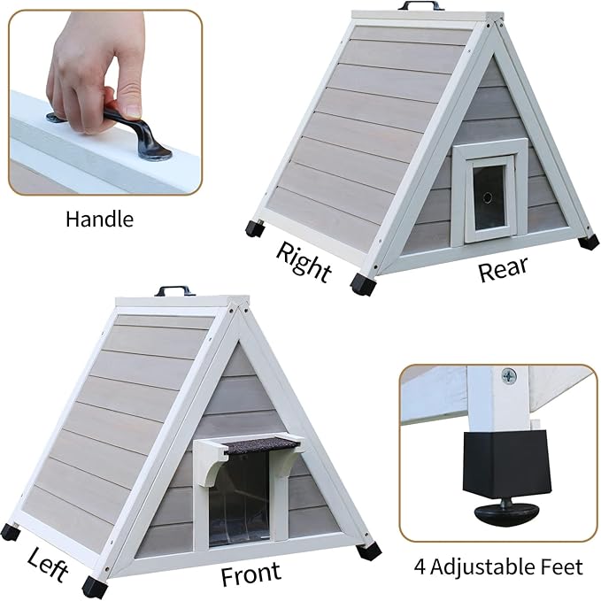 Deblue Outdoor Cat House for Feral Cats, Weatherproof Wooden Cat House for Small Pets, Unique Cat Shelter with Escape Door, Clear Window-Grey