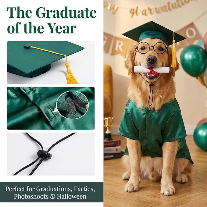 Dog Graduation Cap and Gown Set 2026 - Adjustable Washable Pet Cosplay Costume for Small Medium Dogs, Graduation Gift Supplies with Cap Robe Tassel,Dog Graduation Outfits Gifts (Green, Small)