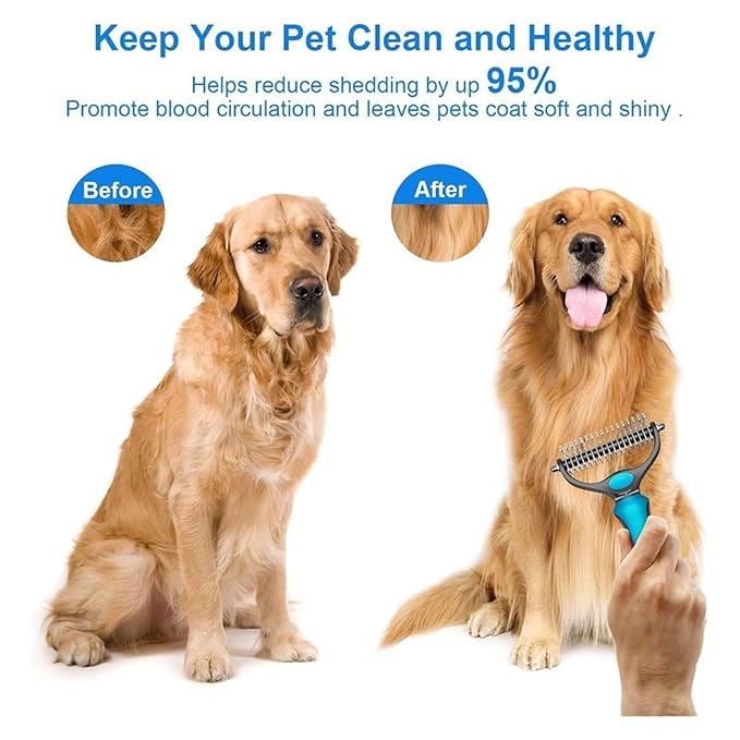 2in1 Stainless Pet Deshedding Brush Dog Hair Remover Pet Fur Knot Cutter Puppy Cat Comb Brushes Dogs Grooming Shedding Supplies(Blue-02)