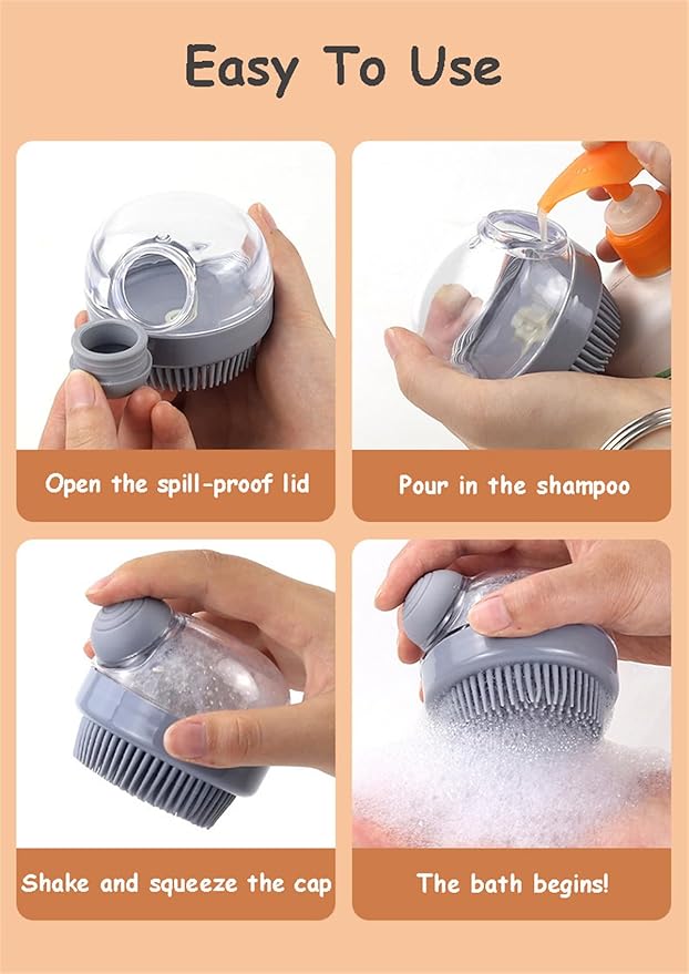 Dog Cat Bath Brush, Pet Shower Massage Brush with Soap Shampoo Dispenser, Pet Grooming Massage Rubber Multifunctional Pet Beauty Cleaning Brush Soft Bristle for Long Short Haired Dog Cat Shower, Gray