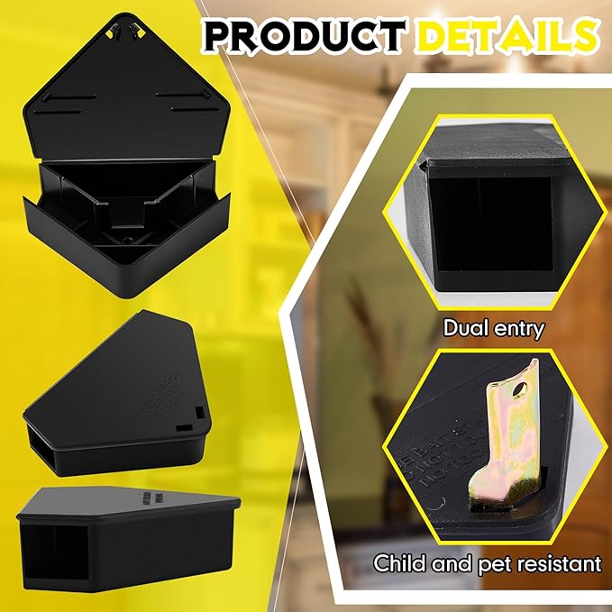 Qualirey Mice Station with Key Triangle Mouse Station Reusable Rodent Trap Box, Keeps Children and Pets Safe Indoor & Outdoor Suitable for Small Mice(Black,24 Pcs)