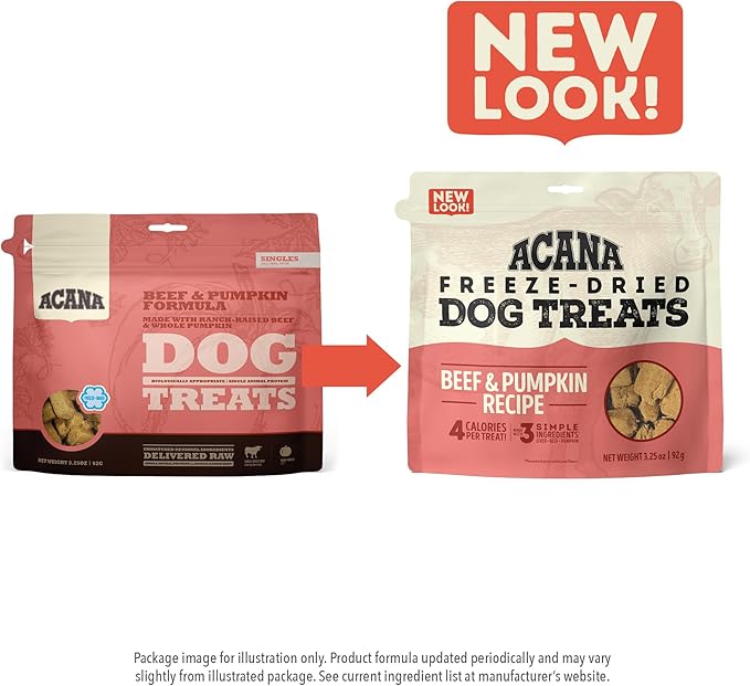 ACANA Singles Grain Free Dog Treats Limited Ingredients & Freeze-Dried Beef & Pumpkin 3.25oz Bag