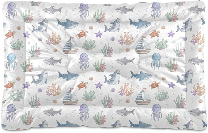 Dog Bed for Crate Washable Pet Sleep Pad, Marine Animals Kennel Mat with Non-Slip Bottom, Soft Fluffy Supplies Pet for Dogs and Cats (24x18 inch)