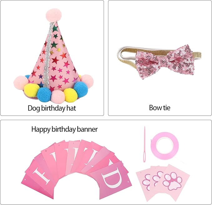 Dog Birthday Hat and Bow Tie Set, Adjustable Soft Pet Birthday Party Supplies with Banner for Small Medium Dogs, Washable Polyester Cotton Decorations for Photo Shoots (Pink)