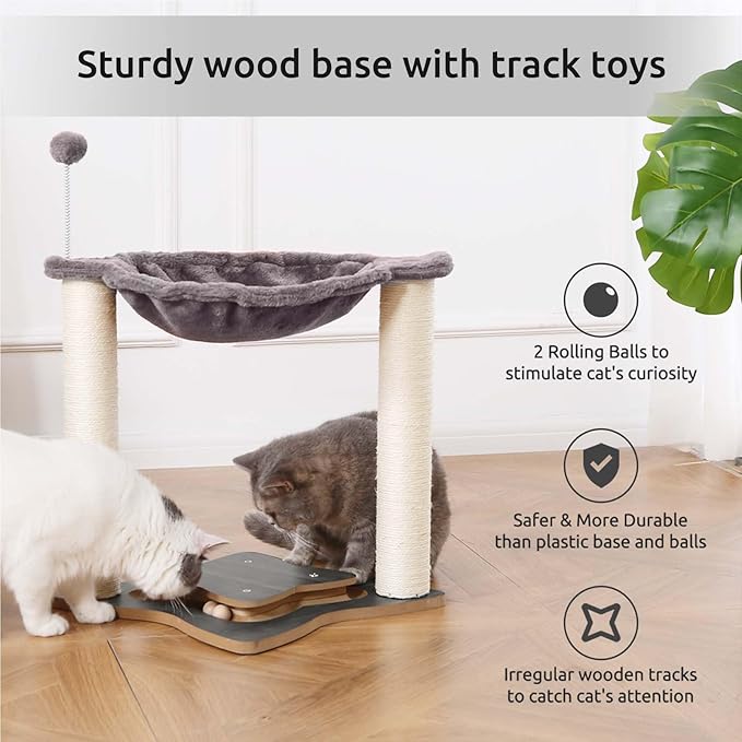FluffyDream Cat Scratching Post for Indoor Cats, Small Cat Tree Tower with Hammock,Wooden Interactive Ball Track for Kitten and Adult Cats,18inches (Grey)