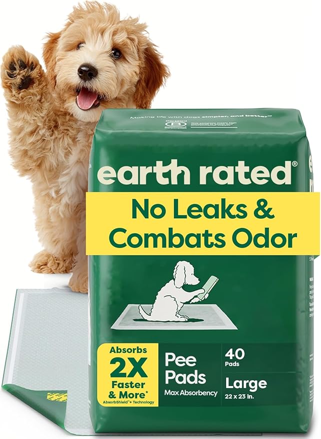 Earth Rated Max Absorbency Puppy Pee Pads for Dogs Absorbs 2X Faster & 2X More, Leak-Proof, Odor Control Potty Training, Unscented, Large, 22” x 23”, 40 Count