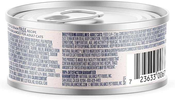 Natural Balance Limited Ingredient Salmon & Green Pea Recipe Soft Pate Wet Digestion Cat Food for Sensitive Stomach, 3 oz. (Pack of 24)