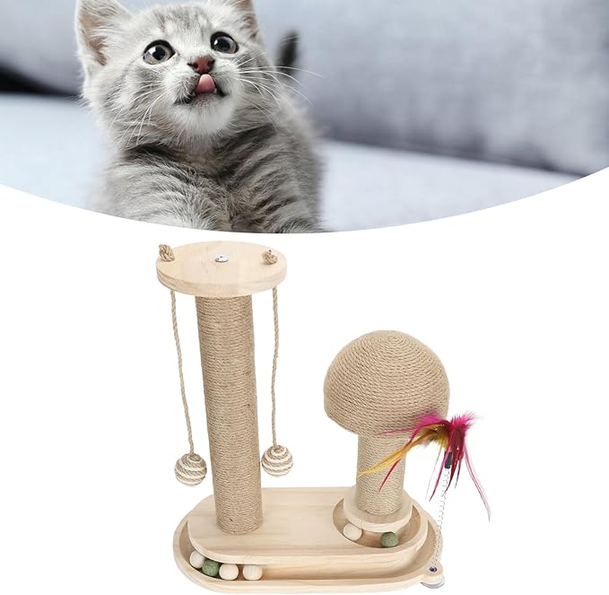 Cat Toy Cat Scratching Post 2 Layer Ball Track Kitten Scratcher Cat Toy, Sturdy Pine Hemp Cat Scratch Post Interactive Toy with Wood Ball, Suction Cup Base Cat Scratcher Toy