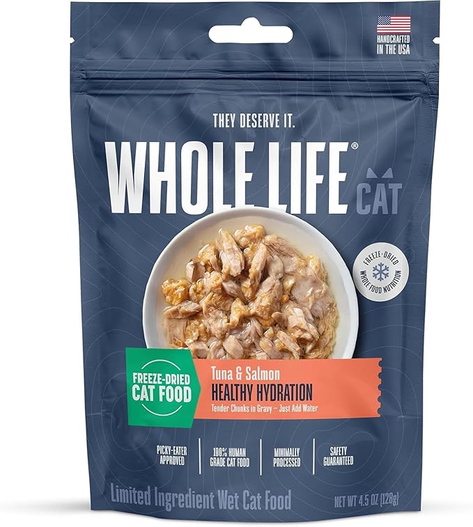 Whole Life Cat Freeze Dried Cat Food - Human-Grade Wet Food Toppers, Single Ingredient Snacks & Lickable Treats, Instantly Hydrating Natural Broth Just Add Water, Made in USA - Salmon & Tuna, 4.5 Oz