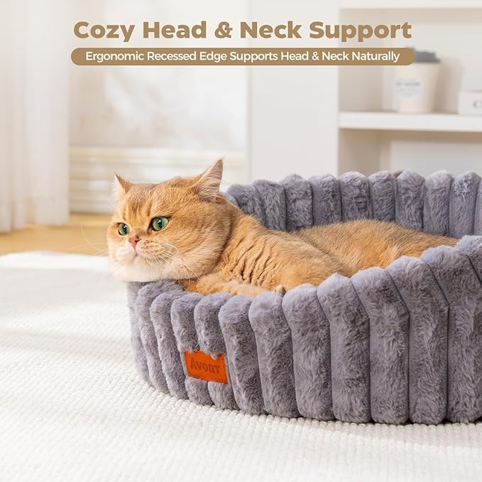Avont Fluffy Cat Bed for Cats & Small Dogs, Cozy Plush Sleeping Nest for All Sleep Styles, Washable Removable Cushion & Anti-Slip Base, Calming Round Bed for Kittens &Puppy – Grey(M)