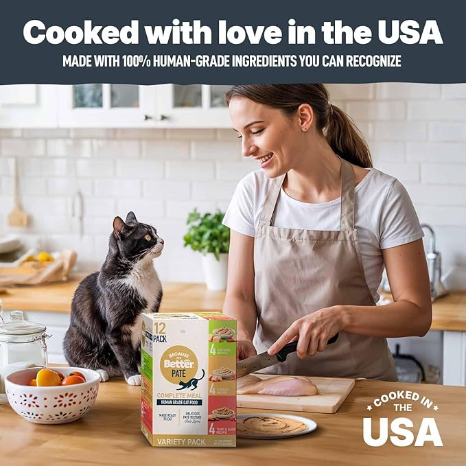 Because It's Better Pate Complete Meal, Variety Pack, Ocean, Turkey and Chicken Flavors 2.6 oz Pouches, Wet Cat Food, 12 Count