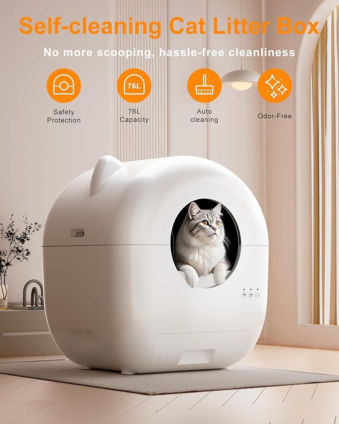 Automatic Cat Litter Box, Self Cleaning Cat Litter Box for Multiple Cats with Large Capacity, App-Controlled Safety Sensor, Odor-Free Waste Disposal,1 Roll of Trash Bags, White (White-2.0)