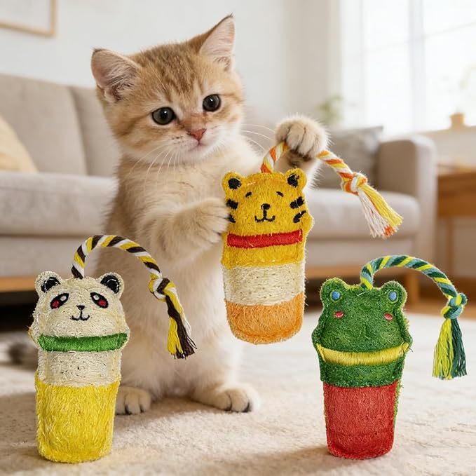 Cute Animal Shaped Natural Loofah Cat Chew Toys, Bite Resistant Teething Toys with Catnip & Silvervine for Kittens, Dental Care Pet Supplies for Cats & Small Dogs
