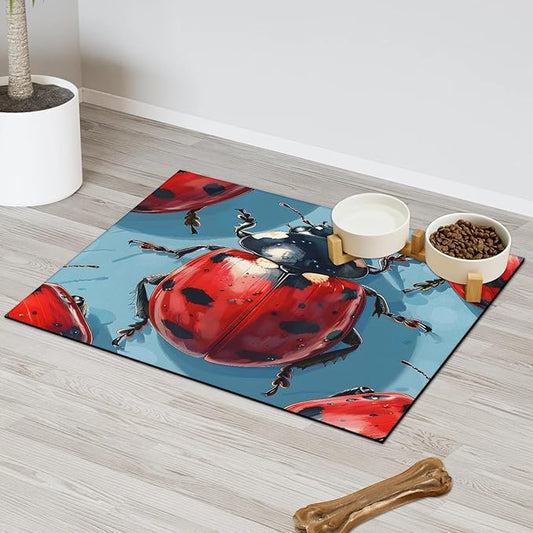 Ladybird Dog Food Mat for Floors Absorbent, Quick Dry Water Dispenser Mat for Food, Water, Pet Supplies 17" x 30", Black Red Ladybird