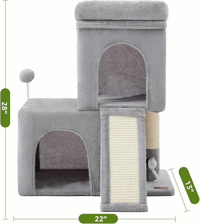 24inch Tall Cat Tree with 2 Cat Condo and Mouse Toy Cozy Small Cat Tower with Scratching Post and Board for Kitties and Small Cats.（Light Grey） (22 * 13 * 28)