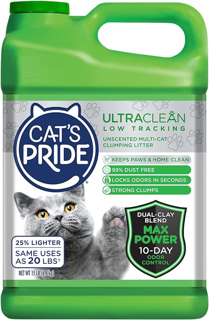 Cat's Pride Max Power: UltraClean Low Tracking Multi-Cat Clumping Litter - Keeps Paws & Home Clean - Up to 10 Days of Powerful Odor Control - 99% Dust Free - Unscented, 15 Pounds