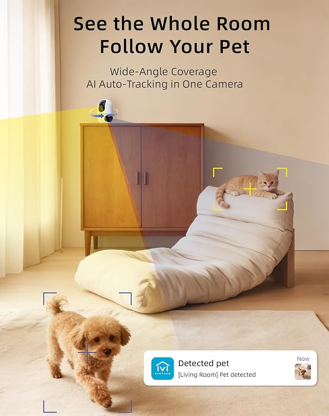 virtavo AI Pet Camera Indoor with Phone App for Dog, Cat & Puppy, 360° Dual-Lens with Auto Tracking & Pet Calling, No Subscription, Wi-Fi 6 (5GHz/2.4GHz), Alexa Compatible, Night Vision
