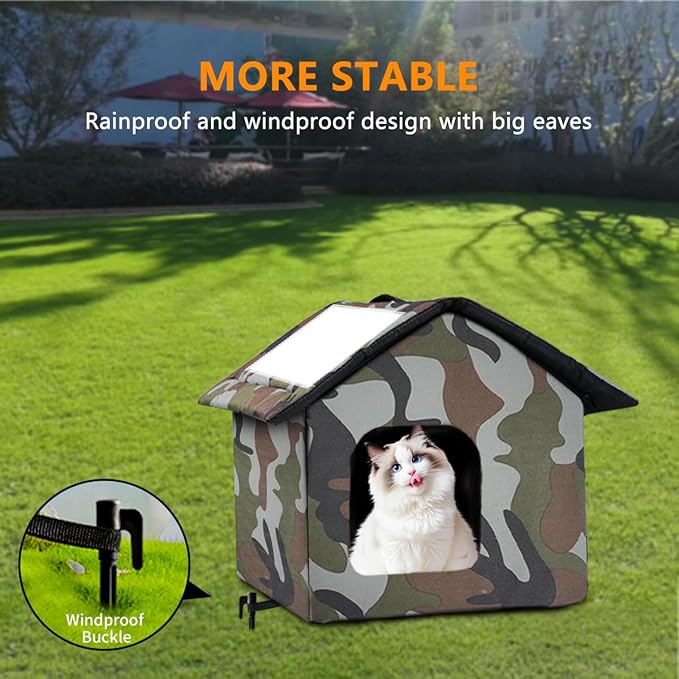 Cat House for Outdoor Cats, Weatherproof Feral Cat House with Mat and Doors, Easy to Put Together, Collapsible Warm Pet Nest Kitty Shelter for Winter, Never Blow Away