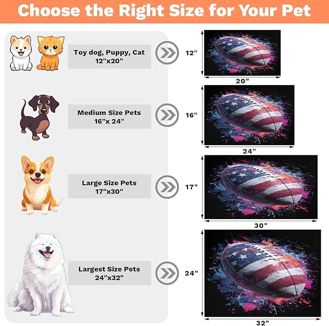 Rugby American Flag Dog Food Mat for Floors Absorbent, Quick Dry Water Dispenser Mat for Food, Water, Pet Supplies 16" x 24", 4th of July