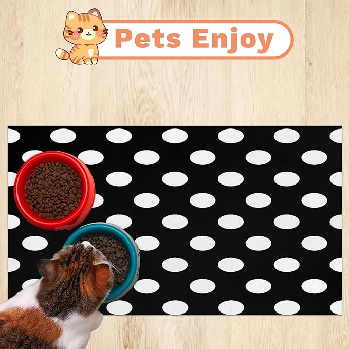 Polka Dot Dog Food Mat for Floors Absorbent Dog Bowl Mat for Food and Water Dispenser Quick Dry Cat Food Placemat Pet Supplies 16" x 24", Vintage Black White