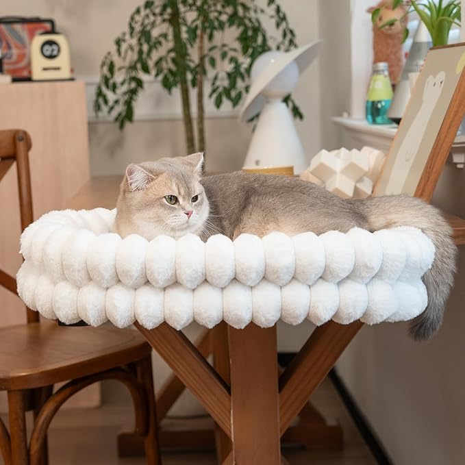 CHEERPALS Cat Desk Bed with Reversible Cushion, 90°Foldable Cat Hammock for Desk Mounted, Suitable for Medium-to-Large Cats and Puppy, Clowd Series(White, Medium)