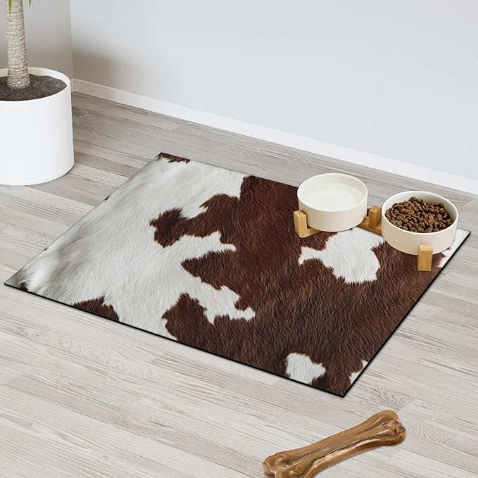 Brown Fur Dog Food Mat for Floors Absorbent Dog Bowl Mat for Food and Water Dispenser Quick Dry Cat Food Placemat Pet Supplies 24" x 32", Milk Cow Skin