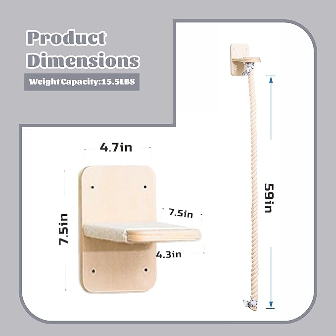 Wall Mounted Cat Climbing Rope with Platforms - 2 * 59.1 Inch Vertical Cat Tower and Scratching Post, Space Saving Cat Wall Furniture for Indoor Cats to Climb, Play and Perch,Cat Tree