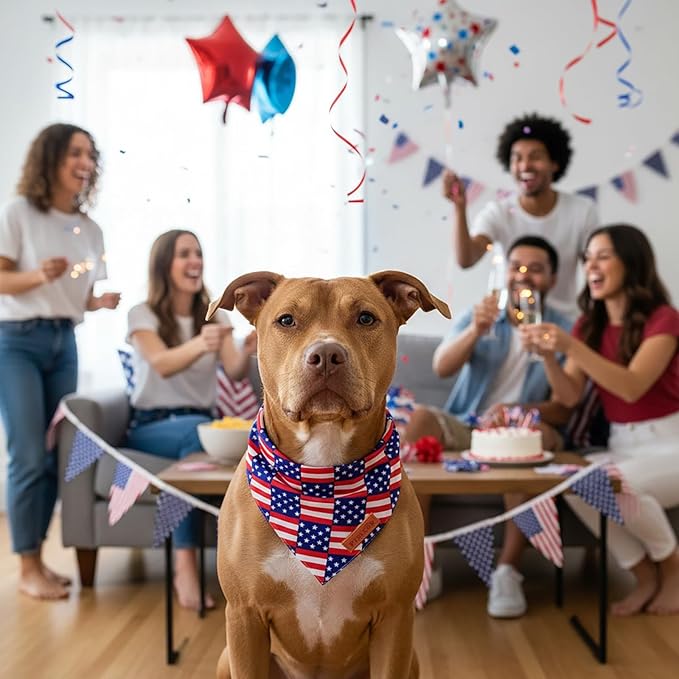 PTDECOR American Flag Dog Bandana, USA Plaid Flag Pet Scarf, 4th of July Adjustable Triangle Patriotic Bandana for Large X-Large Dogs Pets (X-Large)