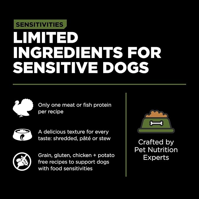 Go! Solutions Sensitivities Limited Ingredient Grain-Free Shredded Turkey, Chicken-Free, Soft Wet Dog Food for Sensitive Stomachs & Food Allergies, for Puppies, Adults, & Seniors, 12.5 oz