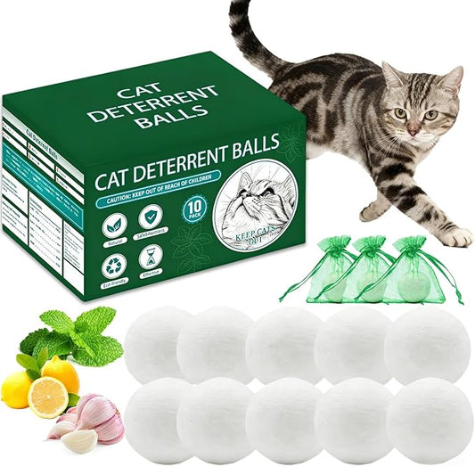 10 Pack Natural Peppermint Oil Cat Deterrent Balls, Outdoor Indoor Pet Deterrent for Cats & Dogs, Keep Cats Away from Yard Garden Plants Furniture Trash, Anti Scratch and Chew