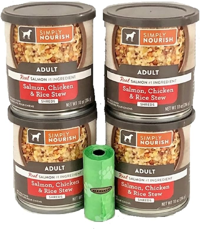 SIMPLY NOURISH Adult Dog Salmon, Chicken & Rice Stew Shreds. Four Ten Ounce Cans. Biggs Dog Waste Roll
