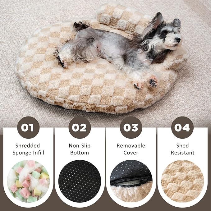Orthopedic Dog Bed for Medium Small Dogs and Cats Calming Pillow Pet Couch Sofa Puppy Bed with Removable Washable Cover Oval 3D Checkered Plush Pet Furniture 30x25x7 Indoor Beige