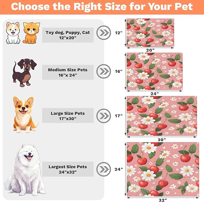 Red Cherry Dog Food Mat for Floors Absorbent Dog Bowl Mat for Food and Water Dispenser Quick Dry Cat Food Placemat Pet Supplies 17" x 30", Daisy Flowers