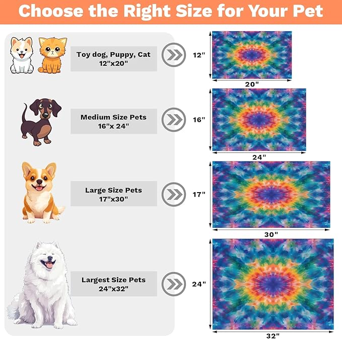 Tie Dye Dog Food Mat for Floors Absorbent, Quick Dry Water Dispenser Mat for Food, Water, Pet Supplies 24" x 32", Watercolor Mandala