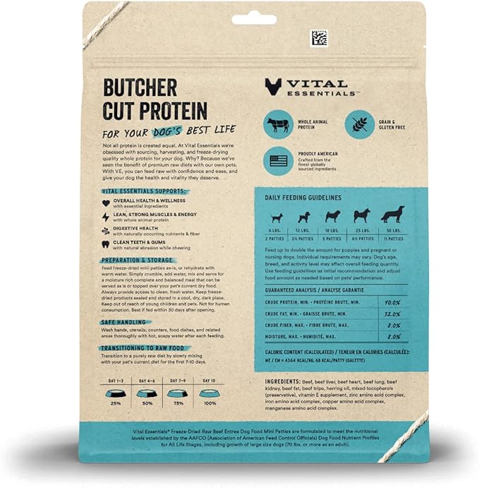 Vital Essentials Freeze Dried Dog Food, Raw Beef Mini Patties | Complete Meal or Topper | High Protein, Grain Free Dry Dog Food | 14 oz Bag