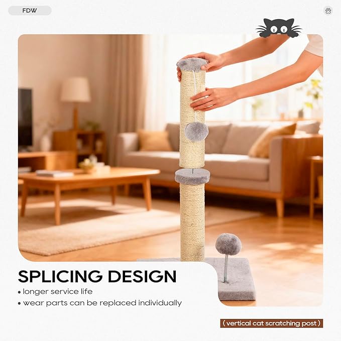 FDW 33 Inch Cat Scratching Post Cat Scratcher Natural Sisal Rope Scratch Post Trees with Hanging Ball for Indoor Cats and Adults,Light Gray