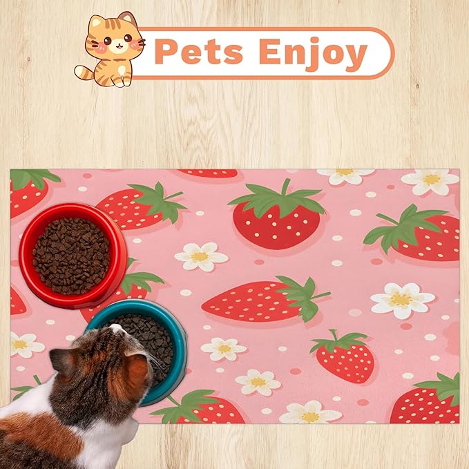 Red Strawberry Dog Food Mat for Floors Absorbent Dog Bowl Mat for Food and Water Dispenser Quick Dry Cat Food Placemat Pet Supplies 17" x 30", Flower