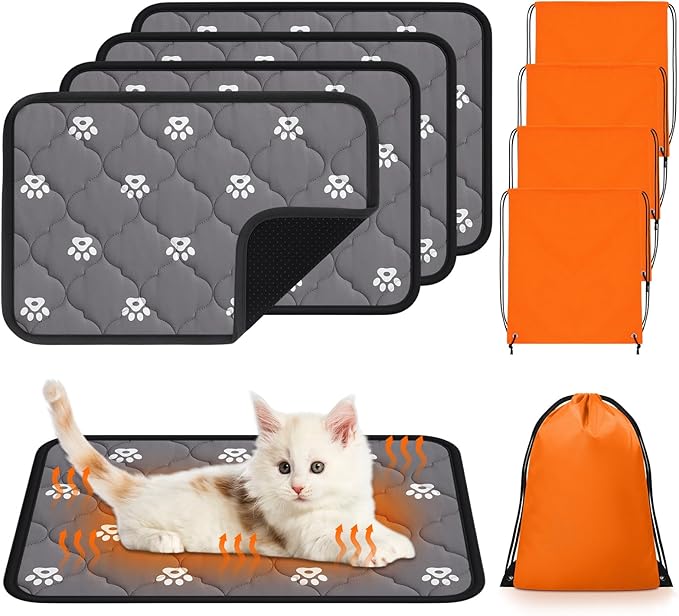 Riakrum 4 Pack 16 x 20 Inches Self Heating Cat Pad Mat Warming Pet Dog Bed Non Slip Washable Cat Kennel Crate Pad with Storage Bag for Indoor Outdoor Small Medium Dog Kitten