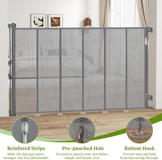47" Extra Tall Retractable Baby Gates, Extends to 71" Wide, ExtraTall Retractable Safety Gate with Reinforced Strips, Retractable Tall Dog Gates for Doorways Mesh Baby Pet Gates Indoor, Grey