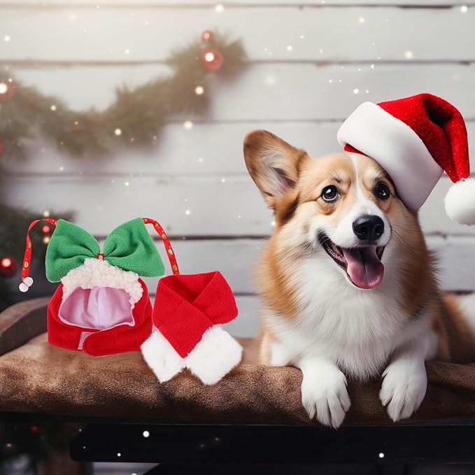 BESPORTBLE Decorative Dog Christmas Hat and Scarf Set, Warm Pet Headdress for Puppies, Soft Holiday Head Cover, 2pcs Pet Supplies for Winter and Festive Photo Accessories