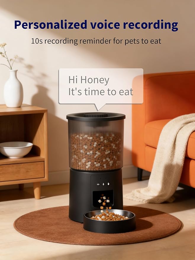 Automatic Cat Feeder, 2.4GHz WiFi Automatic Dog Food Dispenser, Fresh Protection, 4L Timer Feeder, Personalized Recording 10 Seconds, Easy to Clean, Stainless Steel Bowl (Single/Black)