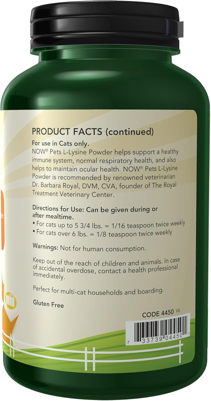 Now Pet Health,L-Lysine Supplement,Powder,Formulated for Cats,NASC Certified,8-Ounce,(Pack of 2)