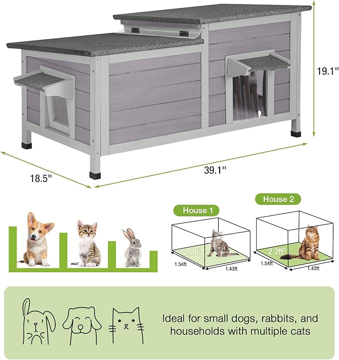 GUTINNEEN Heated Cat House for Outside, Insulated Cat House Outdoor Weatherproof with Bite-Resistant Wires, Electric Heating Mat, 2 Access Doors & Openable Roof