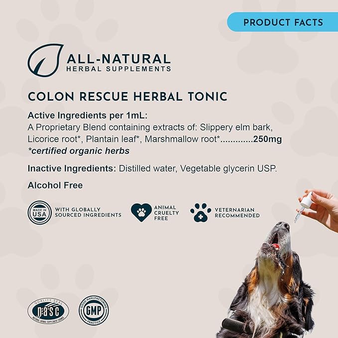 Animal Essentials Colon Rescue - Dog Stool Softener, Organic Slippery Elm Bark, Fast Acting Anti Diarrhea Liquid Drops for Dogs & Cats, Natural Constipation Relief Supplement for Pets - 2 fl oz