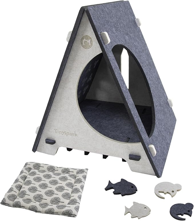 Triangle Cat Tent with Removable Pad, Enclosed Pet Bed & Hideaway for Small Cats, Includes 4 Felt Toys, Portable Gray Beige House, 17.7" L x 18.5" W x 20.5" H