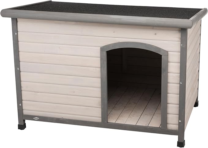 Trixie Natura Classic Dog House - Wooden Outdoor Shelter with Weatherproof Sealer, Hinged Roof & Adjustable Legs for Medium Dogs - Gray - 27 x 41 x 28.5 in