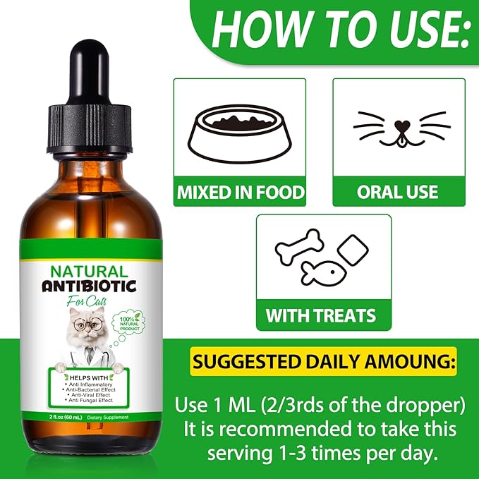 Cat Antibiotics for Infection, Natural Antibiotics for Cats, Cat Multivitamins Liquid, Cat Antibiotic Supports Immune and Cats Allergy Itch Relief, Pet Antibiotics Supplements, Chicken Flavor, 2 Fl Oz